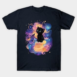 Night Magic: Black Kitten Sitting on Pink Clouds under a Starry Sky T-Shirt